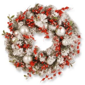 corona de navidad con decoraciones rojas y blancas
