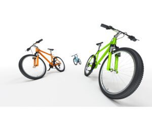 tres bicicletas de color verde, naranja y azul