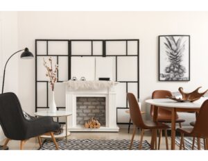 sala con muebles modernos con chimenea