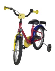 bicicleta para bebes con ruedas entrenadoras de color rojo, amarillo y azul